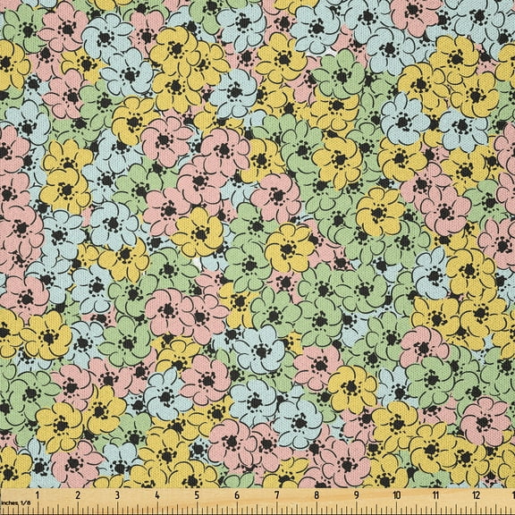 Ambesonne Vintage Fabric by the Yard Microfiber, Floral Retro Ornament Art, 10 Yards, Mustard Pistachio Green