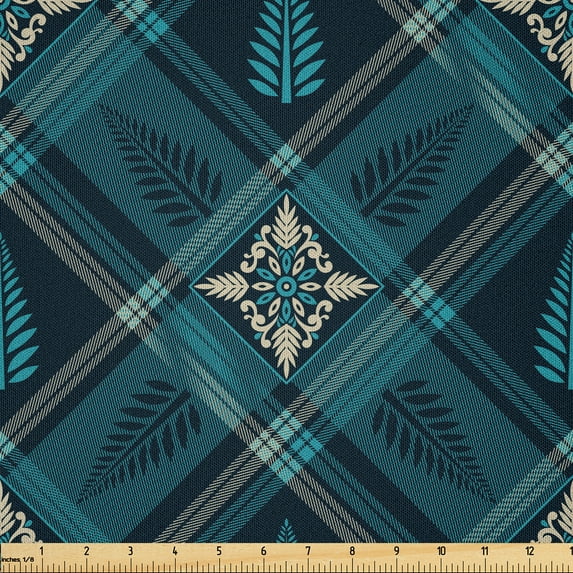 Ambesonne Vintage Fabric by the Yard Microfiber, Floral and Checkered, 2 Yards, Sea Blue and Grey Yellow