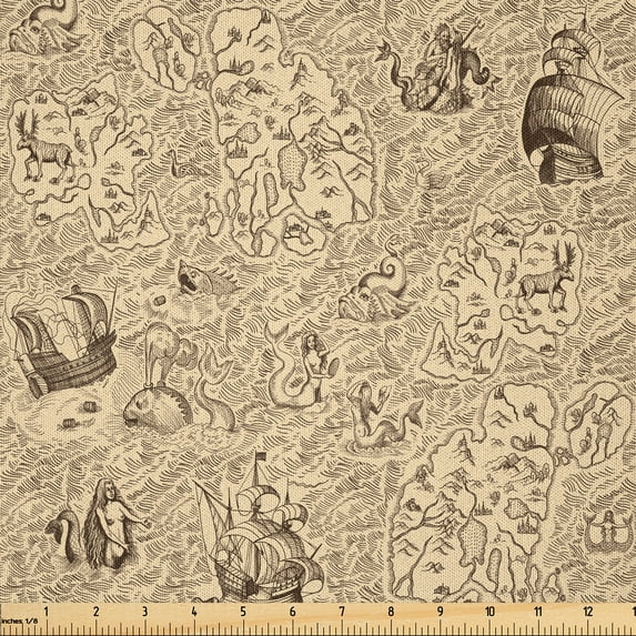 Ambesonne Vintage Fabric by the Yard Microfiber, Marine Fantasy Map Design, 1 Yard, Beige and Dark Cocoa