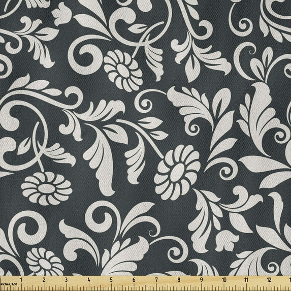 Ambesonne Vintage Fabric by the Yard Microfiber, Nostalgic Burgeoning Flower, 2 Yards, Pale Eggshell Dark Grey