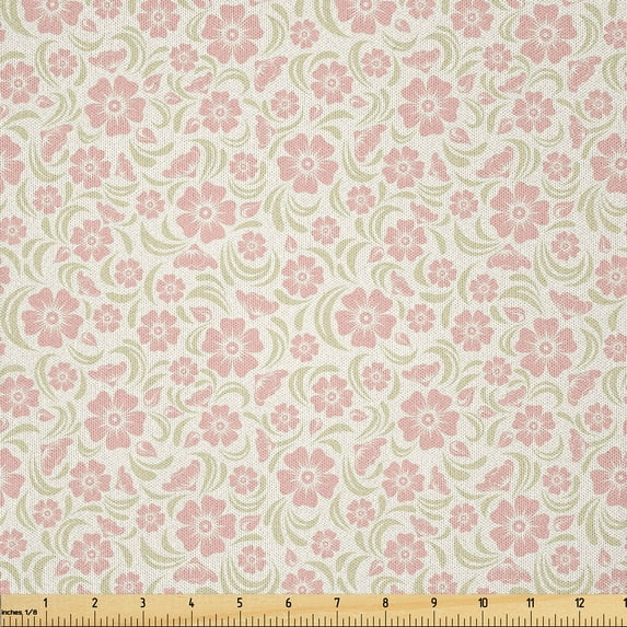 Ambesonne Vintage Fabric by the Yard Microfiber, Old Fashioned Floral, 2 Yards, Rose Pale Green White