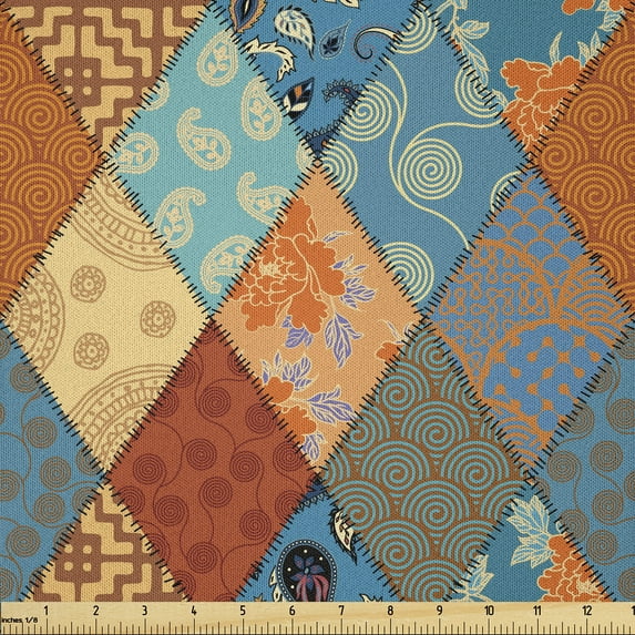 Ambesonne Vintage Fabric by the Yard Microfiber, Patchwork with Flowers Line, 5 Yards, Dark Orange Pale Caramel
