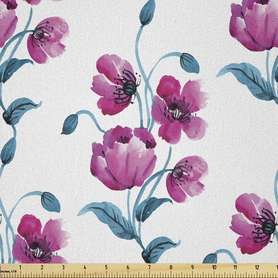 Ambesonne Vintage Fabric by the Yard Microfiber, Poppies Leaves Buds, 5 Yards, Fuchsia and Petrol Blue