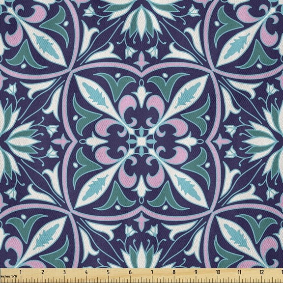 Ambesonne Vintage Fabric by the Yard Microfiber, Repeating Floral Shapes Art, 3 Yards, Soft Pink Teal Green
