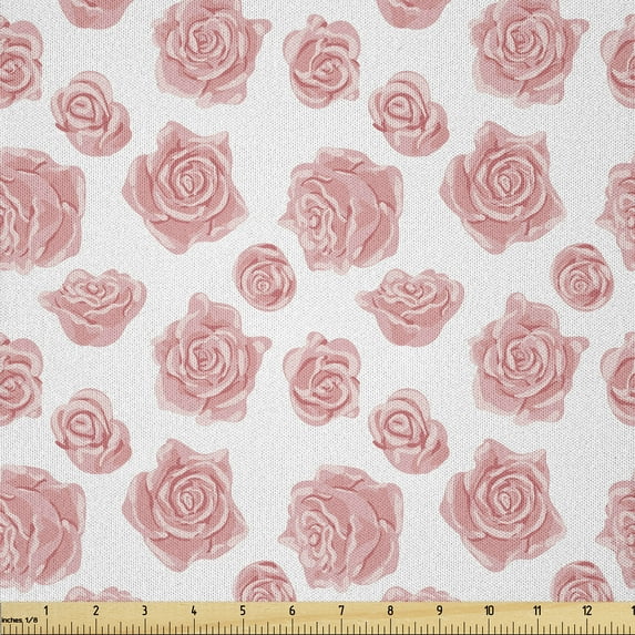 Ambesonne Vintage Fabric by the Yard Microfiber, Repeating Roses Plain Back, 1 Yard, Pastel Pink Blush White