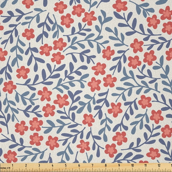Ambesonne Vintage Fabric by the Yard Microfiber, Retro Bohemian Floral, 3 Yards, Red Blue White