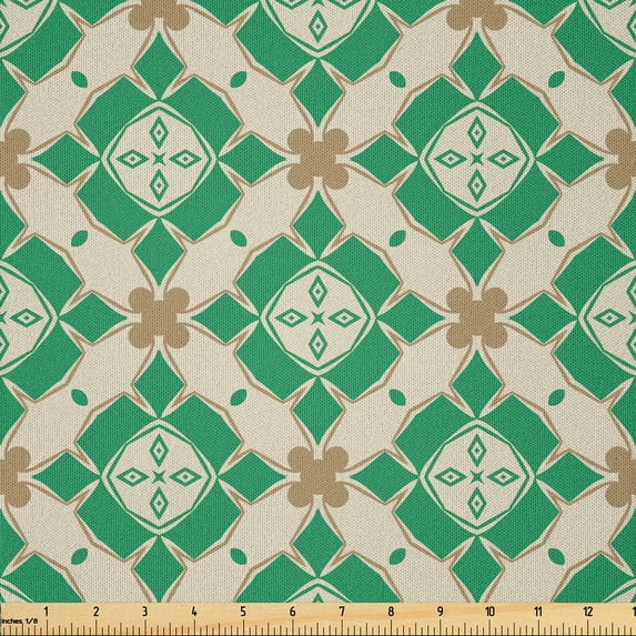 Ambesonne Vintage Fabric by the Yard Microfiber, Retro Floral Shape Ornament, 10 Yards, Jade Green and Pale Brown
