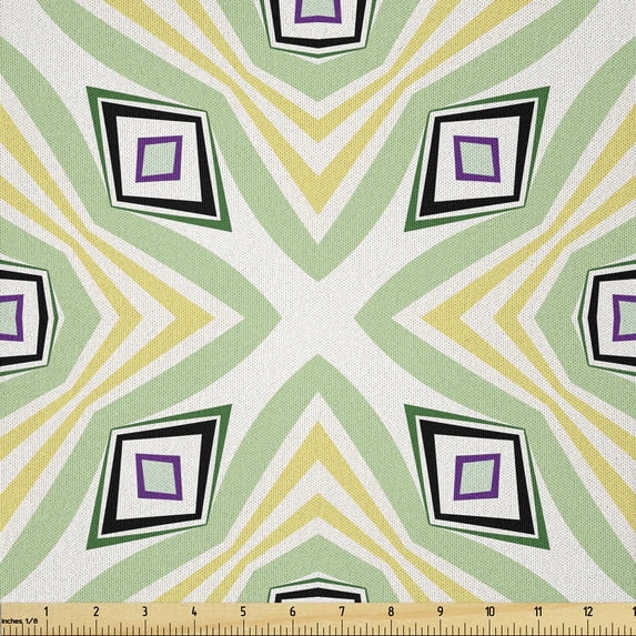 Ambesonne Vintage Fabric by the Yard Microfiber, Rhombuses Stripes Geometric, 3 Yards, Pale Green Pastel Yellow