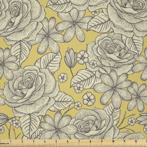Ambesonne Vintage Fabric by the Yard Microfiber, Romantic Blooming Roses, 1 Yard, Earth Yellow and Beige