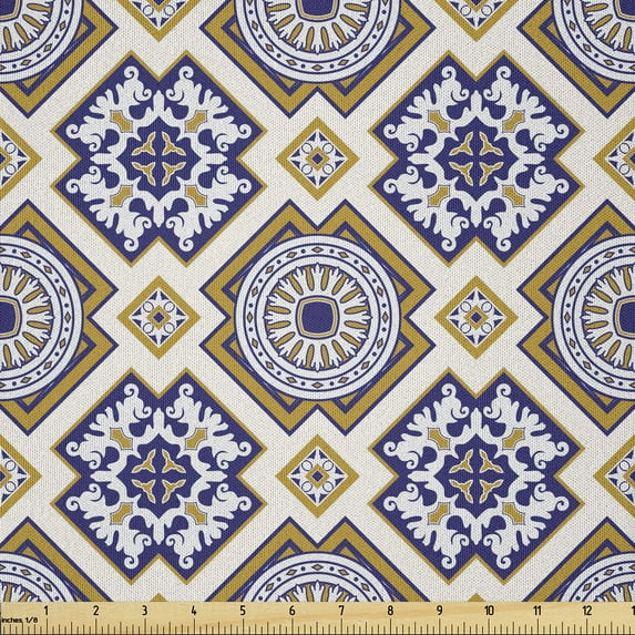 Ambesonne Vintage Fabric by the Yard Microfiber, Victorian Geometric, 2 Yards, Earth Yellow and Dark Blue