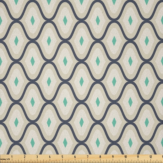 Ambesonne Vintage Fabric by the Yard Microfiber, Wavy Stripes Rhombuses Art, 2 Yards, Sea Green Pale Grey