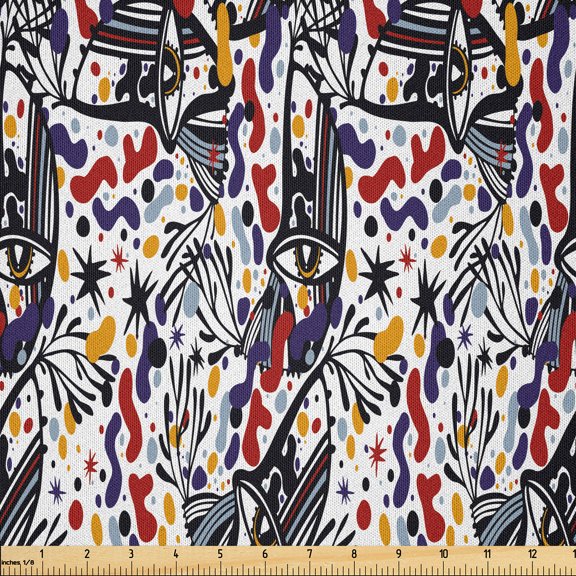 Ambesonne Vintage Fabric by the Yard Microfiber, Whimsical Shapes and Eyes, 1 Yard, Indigo Burgundy and Grey