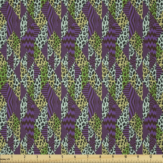 Ambesonne Vintage Fabric by the Yard Microfiber, Wild Cat Triangles Plot, 3 Yards, Violet Green and Seafoam