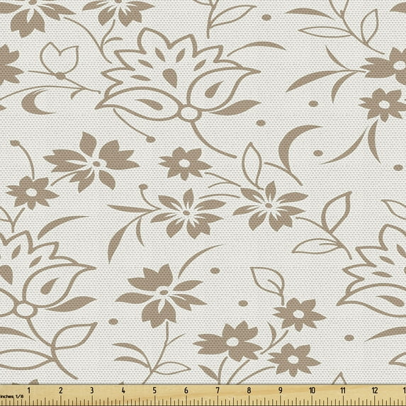 Ambesonne Vintage Fabric by the Yard Upholstery, Nostalgic Neutral Flowers, 10 Yards, Eggshell and Umber
