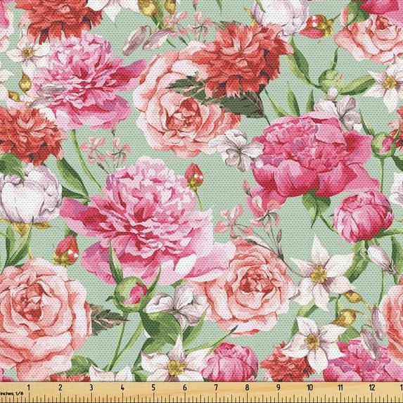 Ambesonne Vintage Fabric by the Yard Upholstery, Peonies Roses Watercolor, 2 Yards, Pastel Pink Almond Green