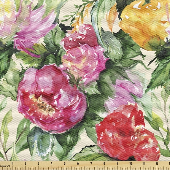 Ambesonne Vintage Fabric by the Yard Upholstery, Peony Rose Flowers Pattern, 2 Yards, Dark Orange Fern Green