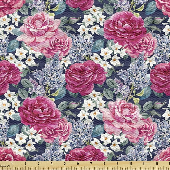 Ambesonne Vintage Fabric by the Yard Upholstery, Roses Watercolor Retro Art, 1 Yard, Raspberry Laurel Green