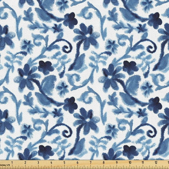 Ambesonne Vintage Fabric by the Yard Upholstery, Traditional Curlicue Print, 1 Yard, Dark Sky Blue and White