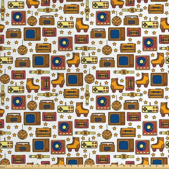 Ambesonne Vintage Fabric by the Yard Upholstery, 90s Theme Retro Fun Items, 5 Yards, Mustard