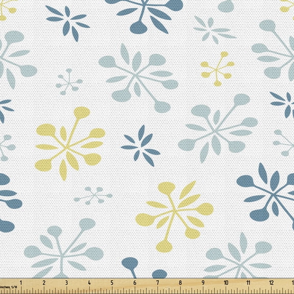 Ambesonne Vintage Fabric by the Yard Upholstery, Abstract Dots Lines Leaves, 1 Yard, Pale Seafoam and Sea Blue