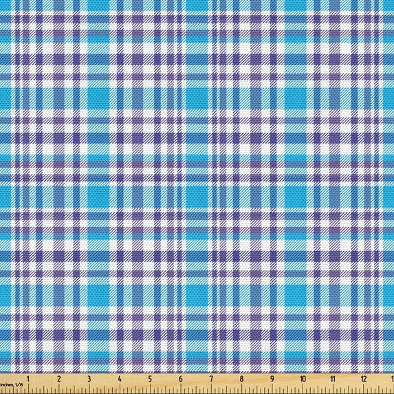 Ambesonne Vintage Fabric by the Yard Upholstery, Checkered Tartan Ornament, 10 Yards, Deep Sky Blue and White