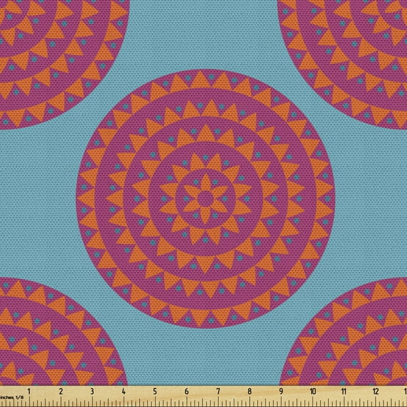 Ambesonne Vintage Fabric by the Yard Upholstery, Circles Dots Triangles Art, 3 Yards, Dark Seafoam Magenta