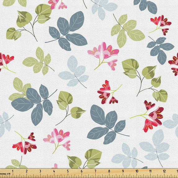 Ambesonne Vintage Fabric by the Yard Upholstery, Clivia Flowers Leaves Art, 5 Yards, Avocado Green Dark Pink