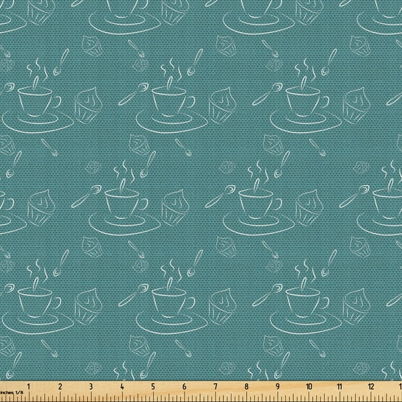 Ambesonne Vintage Fabric by the Yard Upholstery, Coffees Cakes Spoons Art, 5 Yards, Dark Cadet Blue and Teal