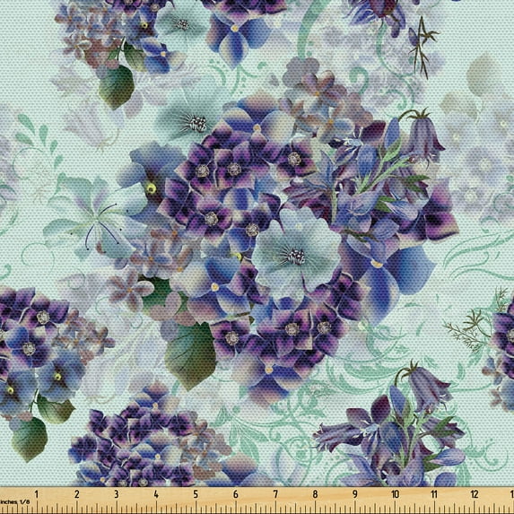 Ambesonne Vintage Fabric by the Yard Upholstery, Detailed Colorful Flowers, 3 Yards, Pale Purple and Sage Green