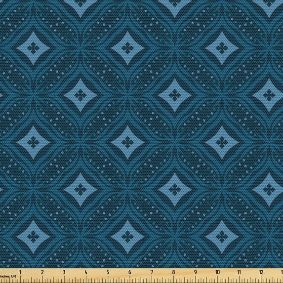 Ambesonne Vintage Fabric by the Yard Upholstery, Dots Stripes Retro Ornament, 3 Yards, Dark Sky Blue and Grey
