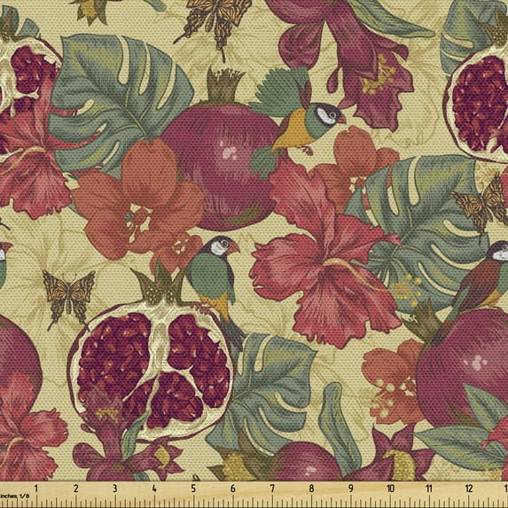 Ambesonne Vintage Fabric by the Yard Upholstery, Exotic Wild Tropic Birds, 1 Yard, Beige Red