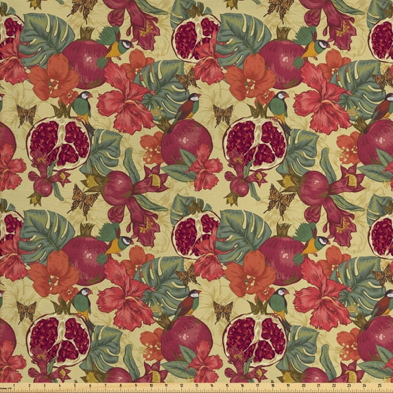Ambesonne Vintage Fabric by the Yard Upholstery, Exotic Wild Tropic Birds, 10 Yards, Beige Red