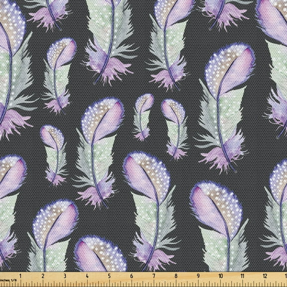 Ambesonne Vintage Fabric by the Yard Upholstery, Feathers Colorful Repeating, 3 Yards, Pale Purple and Sage Green