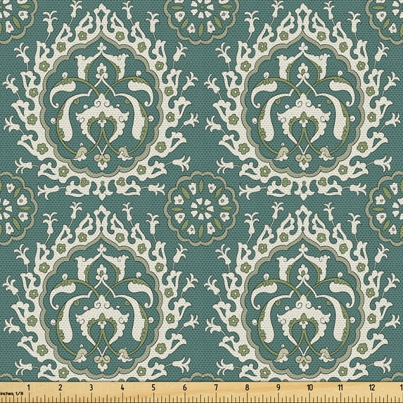 Ambesonne Vintage Fabric by the Yard Upholstery, Flora Oriental Pattern, 5 Yards, Reseda Green and Dust