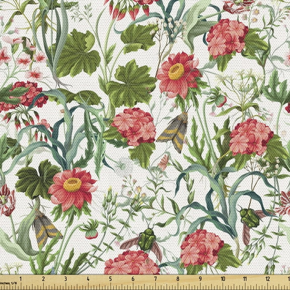 Ambesonne Vintage Fabric by the Yard Upholstery, Geraniums Wild Flowers Art, 3 Yards, Dark Coral and Hunter Green