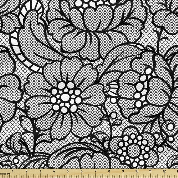 Ambesonne Vintage Fabric by the Yard Upholstery, Lace Look Retro Flowers, 3 Yards, White Black