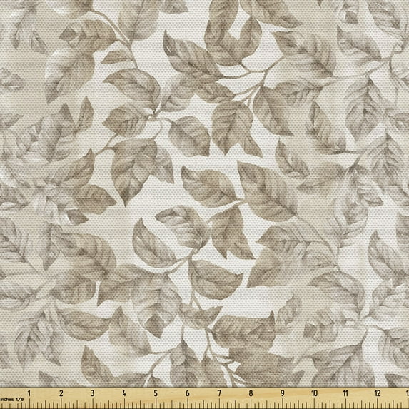 Ambesonne Vintage Fabric by the Yard Upholstery, Leafy Print Nude Tone Motif, 2 Yards, Pale Sepia and White