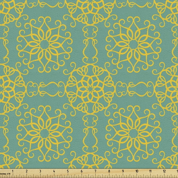 Ambesonne Vintage Fabric by the Yard Upholstery, Linear Floral Shapes Art, 5 Yards, Jade Green Earth Yellow