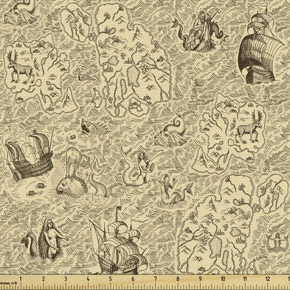 Ambesonne Vintage Fabric by the Yard Upholstery, Marine Fantasy Map Design, 10 Yards, Beige and Dark Cocoa