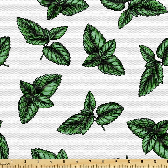 Ambesonne Vintage Fabric by the Yard Upholstery, Mint Leaves Botanical Art, 2 Yards, Fern Green Dark Grey