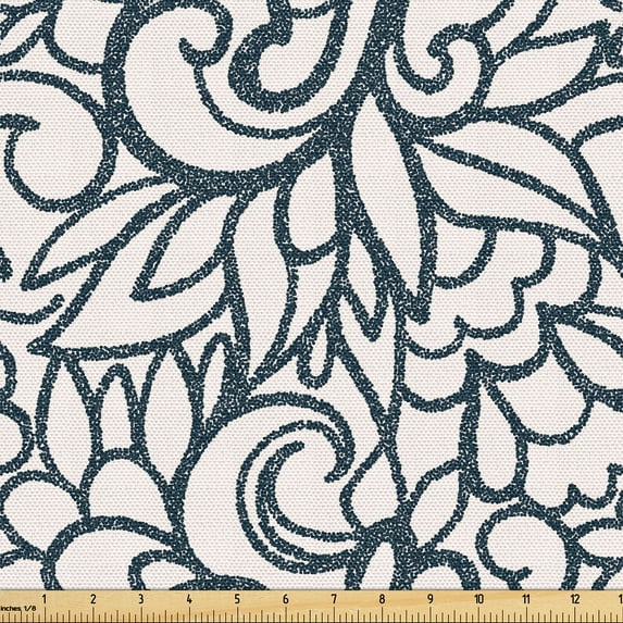Ambesonne Vintage Fabric by the Yard Upholstery, Monochrome Flowers Retro, 2 Yards, Dark Petrol Blue and White