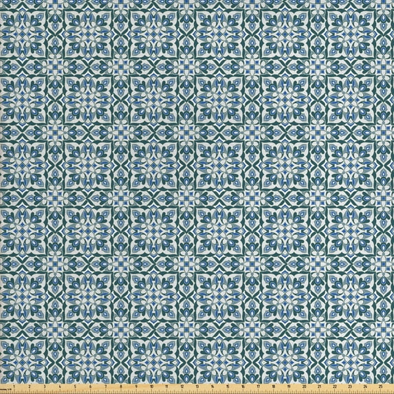 Ambesonne Vintage Fabric by the Yard Upholstery, Moroccan Tile Floral Shapes, 3 Yards, Reseda Green Grey Blue