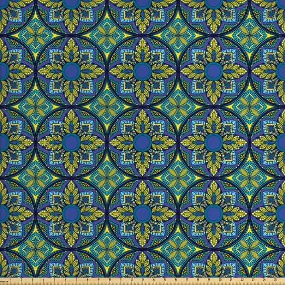 Ambesonne Vintage Fabric by the Yard Upholstery, Mosaic Tiles Pattern, 5 Yards, Cobalt Blue Apple Green