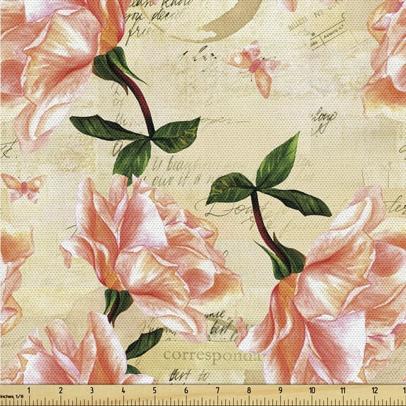 Ambesonne Vintage Fabric by the Yard Upholstery, Nostalgic Details Flowers, 3 Yards, Beige Coral and Green