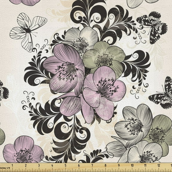 Ambesonne Vintage Fabric by the Yard Upholstery, Nostalgic Floral Pattern, 10 Yards, Multicolor