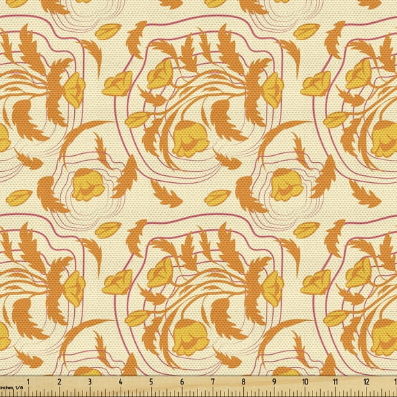Ambesonne Vintage Fabric by the Yard Upholstery, Orangish Flowers Leaves, 2 Yards, Dark Yellow and Pale Orange