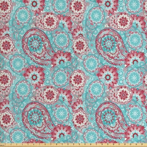 Ambesonne Vintage Fabric by the Yard Upholstery, Oriental Spring Flowers, 2 Yards, Pink Pale Blue