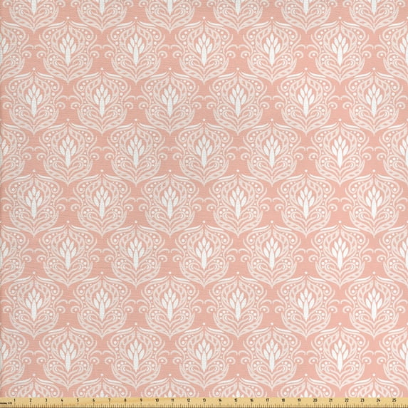 Ambesonne Vintage Fabric by the Yard Upholstery, Ornate Patterns with Swirls, 10 Yards, Blush and White