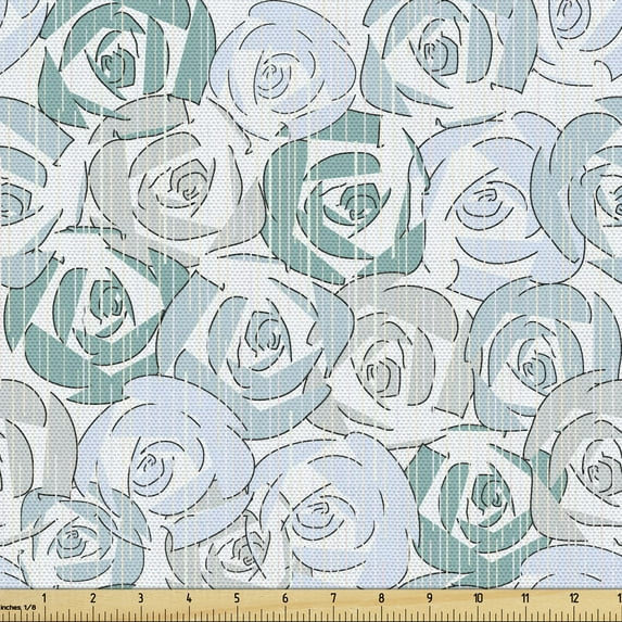 Ambesonne Vintage Fabric by the Yard Upholstery, Pale Blooming Rose Flowers, 5 Yards, Pale Blue Pale Teal