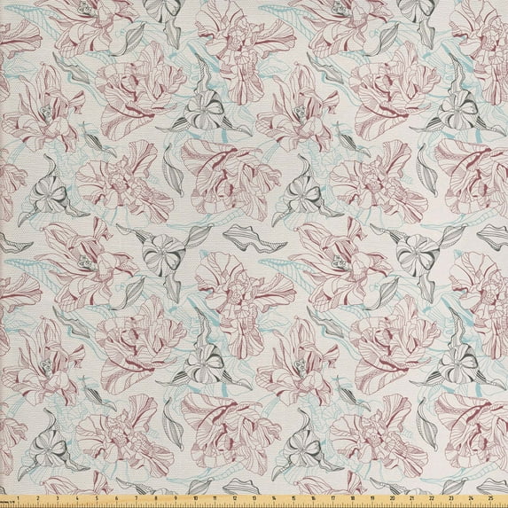 Ambesonne Vintage Fabric by the Yard Upholstery, Pastel Design Tulip Flowers, 10 Yards, Champagne Pale Rose